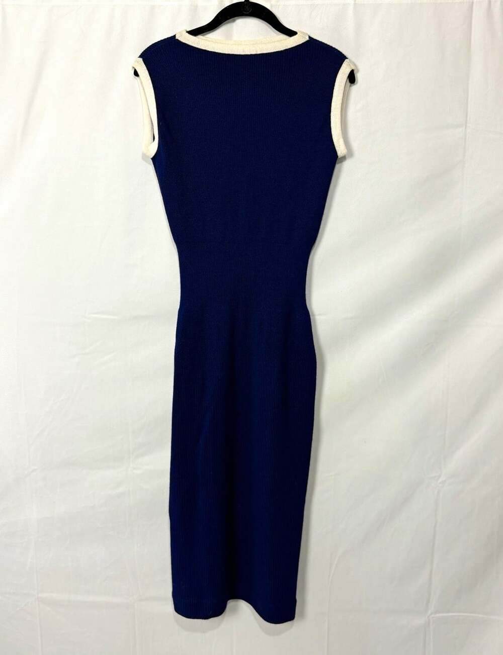 Vintage DuPont Blue Sheath Midi Dress Crew Neck Knit Sleeveless Sz M
